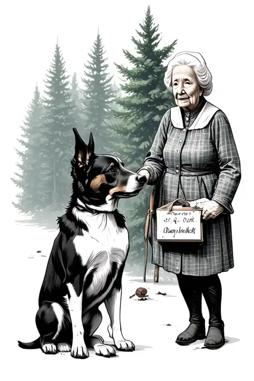 A Dog Sitting From Behind Next To A Merchant Grandmother To A Fir Forest