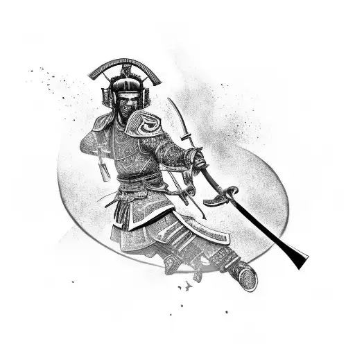 A Black And Grey Tattoo Of A Samurai Wielding An Ankh