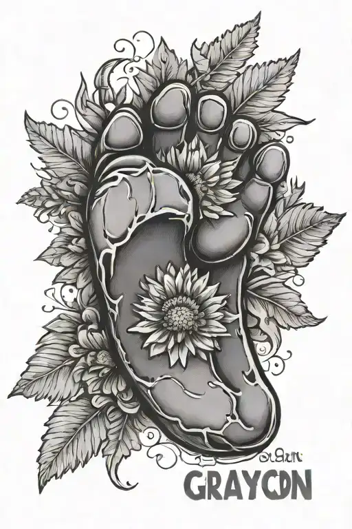 Baby Footprint With A Marigold Flower And The Name Grayson