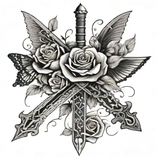 A Sword With A Rose Wrapping Around It With Butterflies Flying Around It