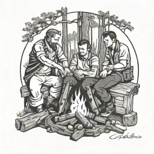 3 Men Sitting In A Circle Around A Campfire On Wooden Logs Mourning Their Friend