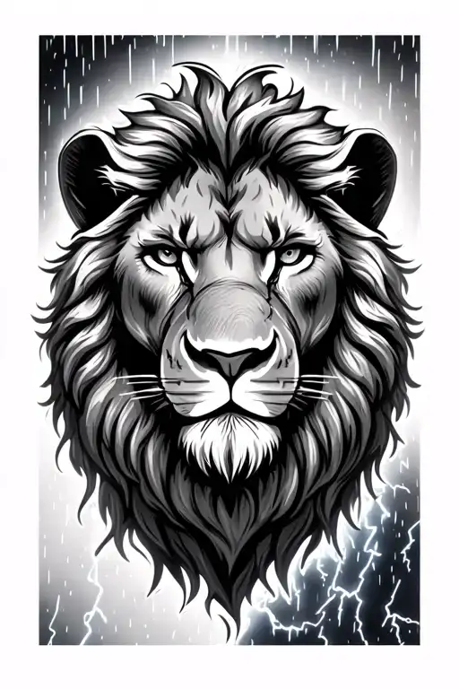 Lion Head With Lightning And Rain Falling