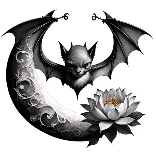 Bat With Flowers Femine Moon With Lotus Flower Intertwined