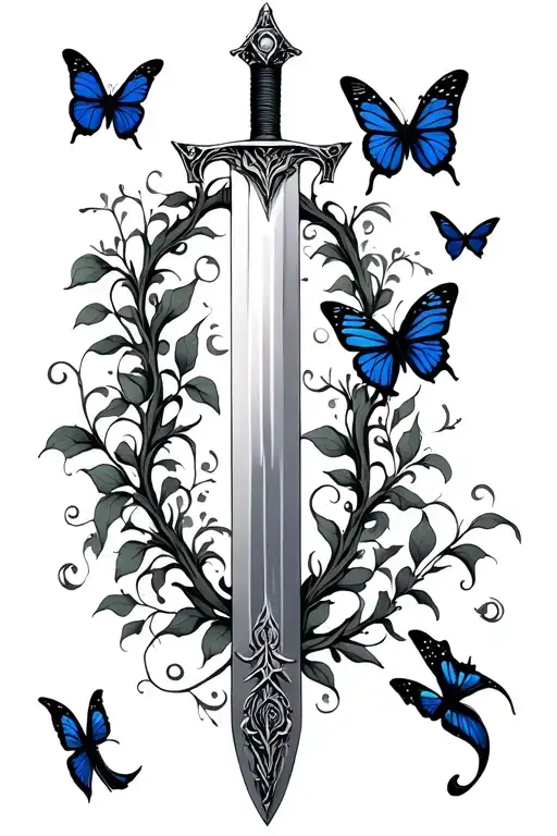 Sword With Vine Around The Sword And Butterflies Flying