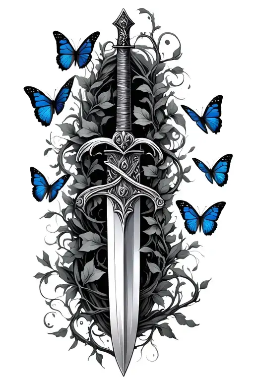 Sword With Vine Wrapped Around The Sword And Butterflies Flying