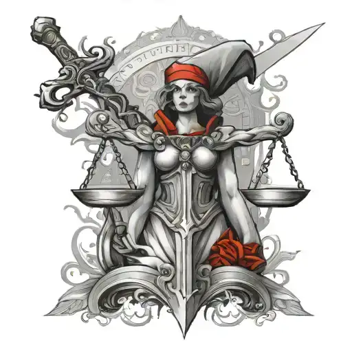 A Scale Of Justice And Next To The Scale A Sword With A Red Cap