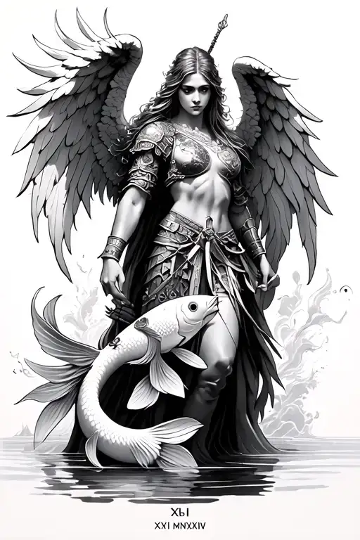 Angel Warrior With Koi Fish With Roman Numerals Xi Xvi Mmxix