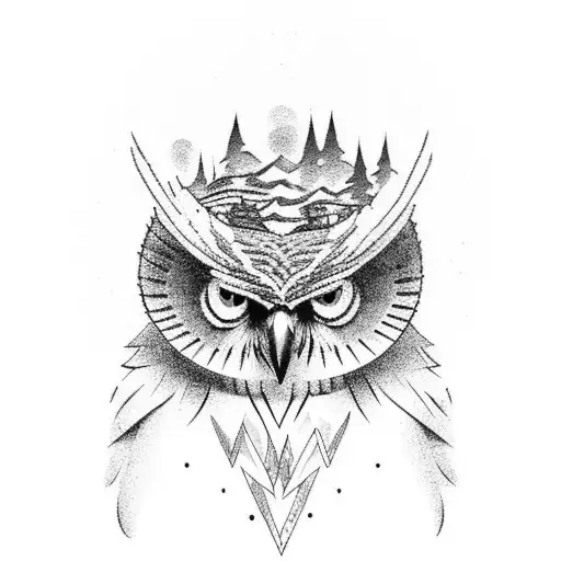A Detailed Black-grey Tattoo Of A Hiking Boot With An Owl Perched On Top