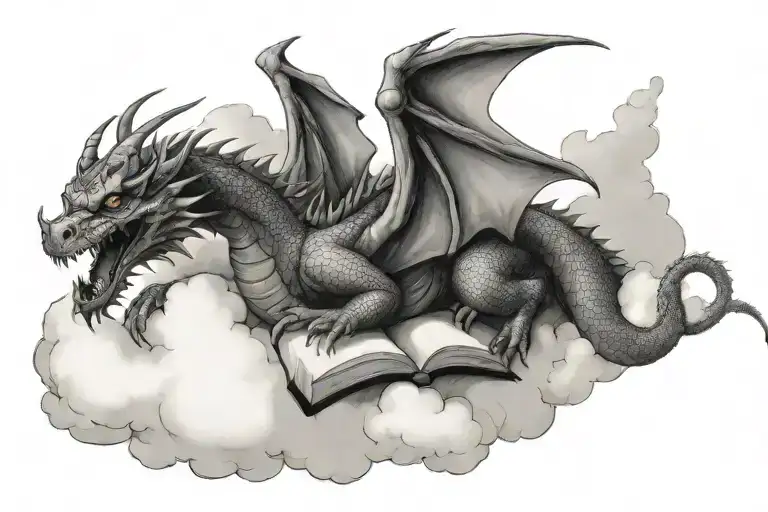 Dragon Laying On A Book In The Clouds