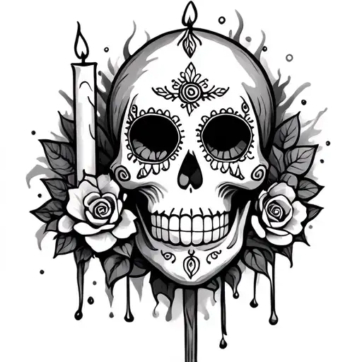 Sugar Skull With Candle Burning