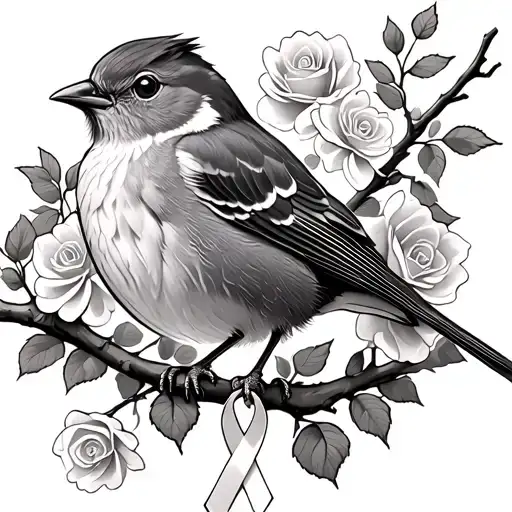 Robin Sitting On Branch With Roses Around It With A Cancer Ribbon Hanging On The Branch