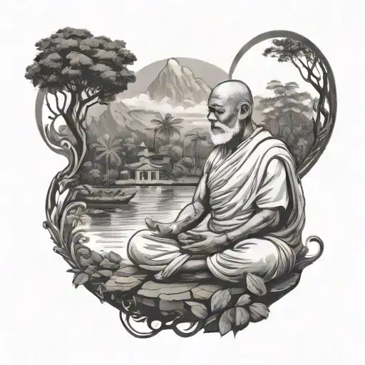A Serene Scene Of A Meditating Jain Monk Surrounded By Nature Elements