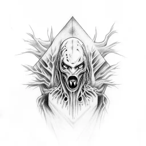 A Horror-inspired Tattoo Featuring A Mystical Creature In A Dark Forest