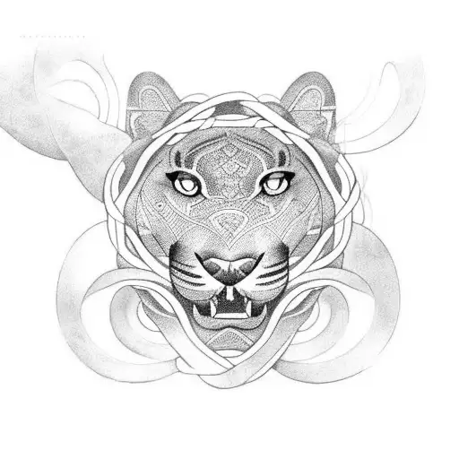 A Blackwork Tattoo Of A Panther And A Beautiful Woman Intertwined In A Forest Setting