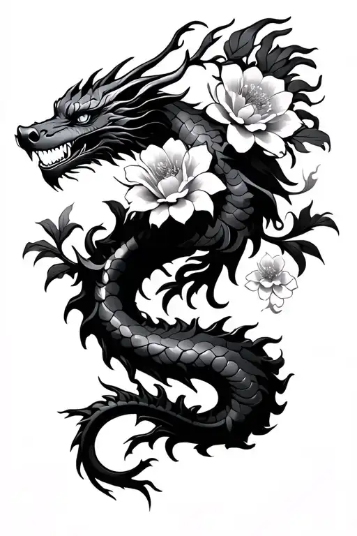 Flowers And Japanese Style Dragon Wrapped