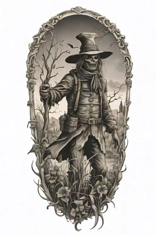 A Tattoo Showcasing A Scarecrow Working In A Garden Filled With Crows