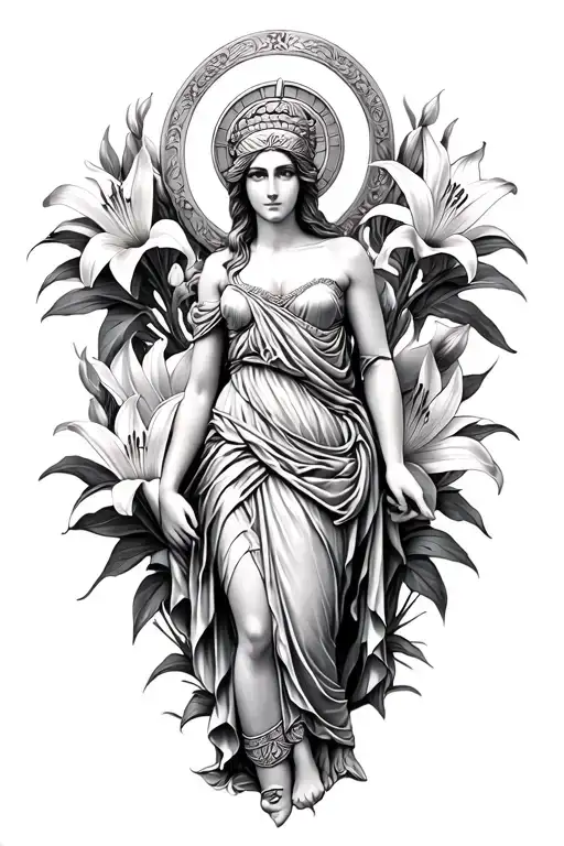 Full Body Athena Goddess With Lily Flowers