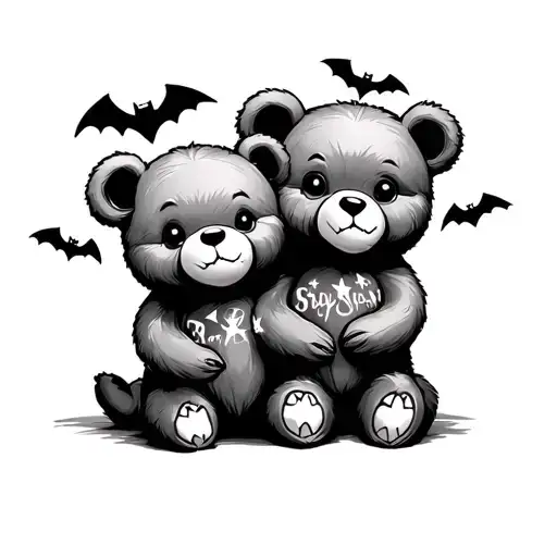Two Headed Teddy Bear Cute Spooky With Bats And Stars American Traditional