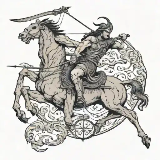 Sagittarius Centaur Archer And Capricorn Goat Going Into Battle Shadowed Overtop By A Large Scorpion