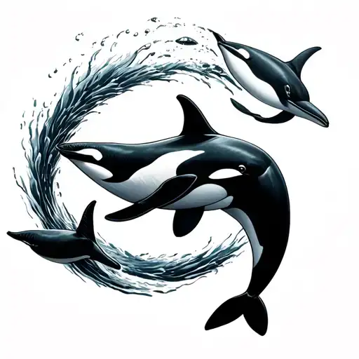 Orca And Dolphin Swimming In A Circle