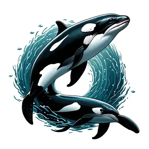 Orca And Dolphin Swimming In A Circle