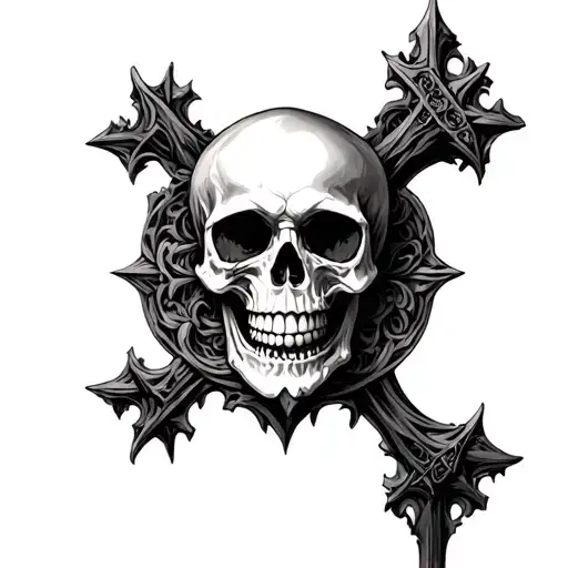Detailed Thick Gothic Cross Adorned Skull Surrounded