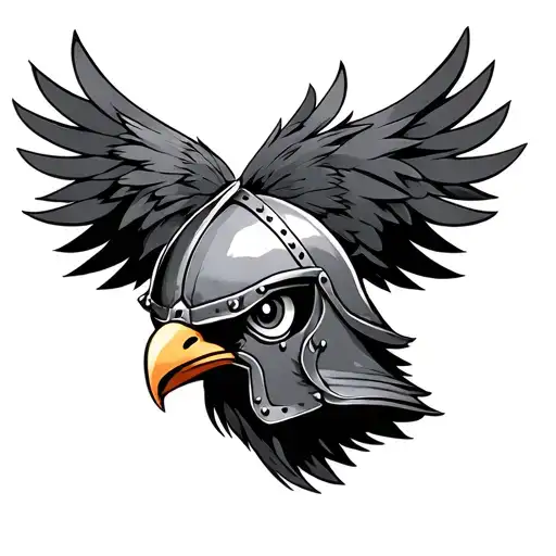 Cartoon Bird Wearing Knight Helmet Looking Up