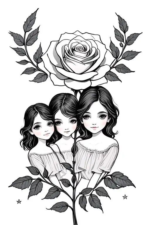 Mum And 2 Daughters With A Rose Intertwined With Gemini And Libra Star Sign