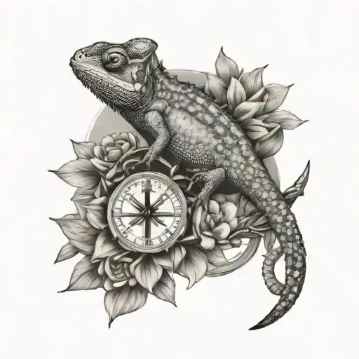 A Chameleon With Sword Flowers And The Saint Benedict Medal With A Dragonfly