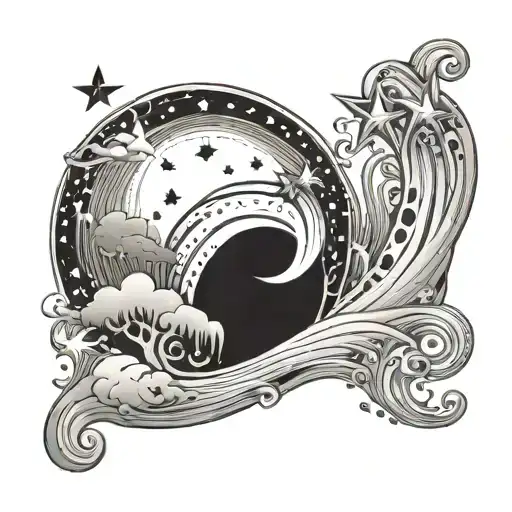Celestial Crescent Moon And Stars With Water Or Beach In Black And Grey