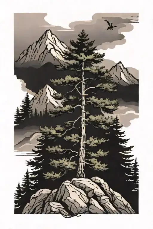 Pine Tree And Mountain