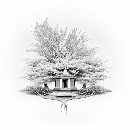 Buddha Temple With Tree Branches And A Path