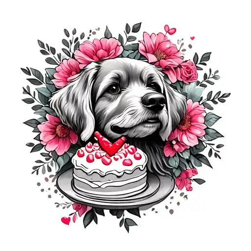Paw Dog With Heart And Flowers And Cake