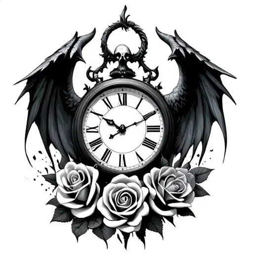 Clock With Demon Wings With Death With Roses