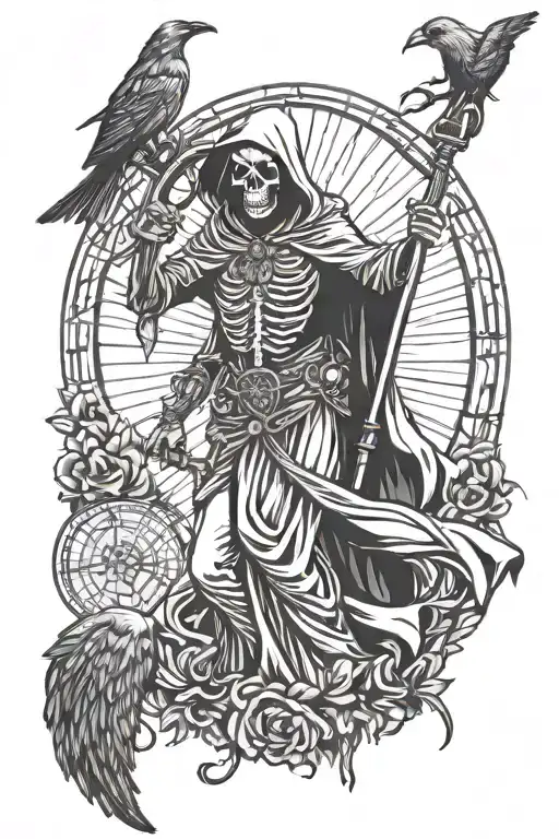 Santa Muerte With Scythe And Crow Perched