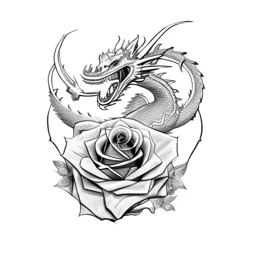 A Sketch-style Design Of A Dragon And Roses Intertwined