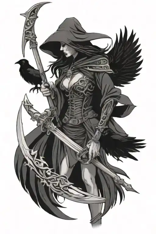 Female Reaper Scythe And Crow