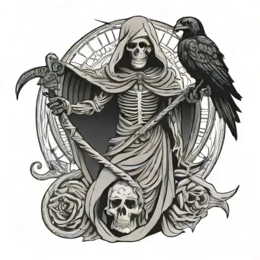 Santa Muerte With Scythe And Crow Holding