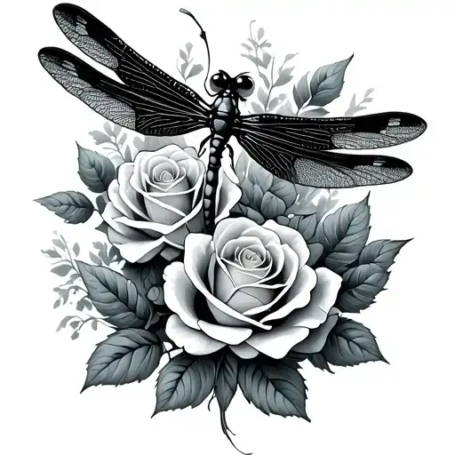 Dragonfly With Roses Intertwined