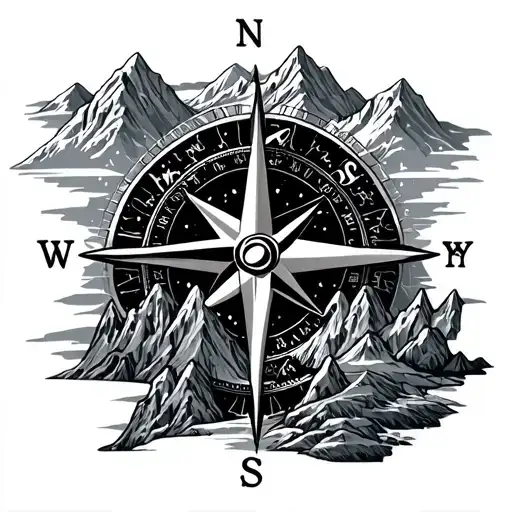 A Compass Rose With Detailed Mountains Around It As A
