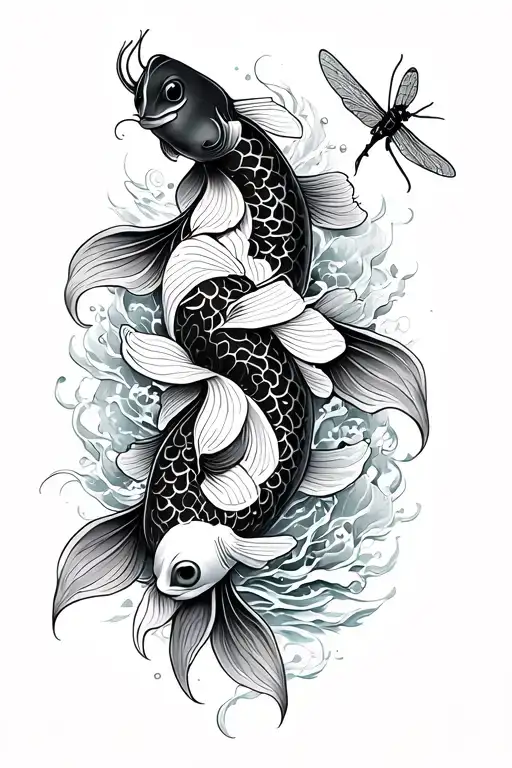 Fine Line Spine Tattoo With Koi Fishes And A Firefly