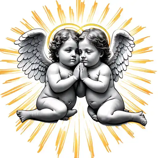 2 Baby Angels Praying With Halos With Sun Rays