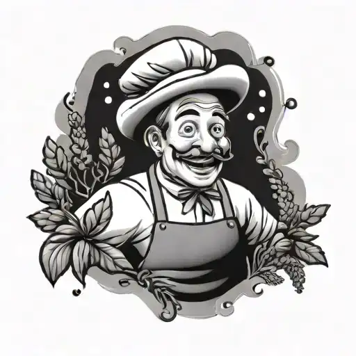 A Whimsical Tattoo Of A Happy Chef Surrounded By Lavender Flowers