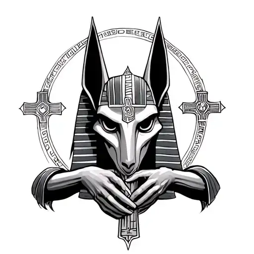 Scary Anubis Holding Egyptian Cross