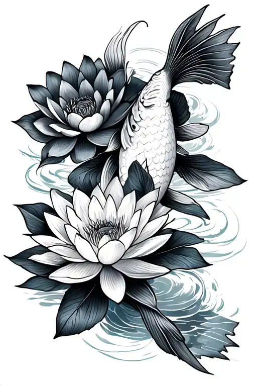 Koi Fish And Lotus Flowers