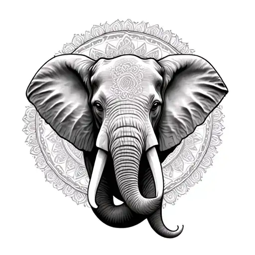 Elephant Head Facing Foward With Mandala In The Background
