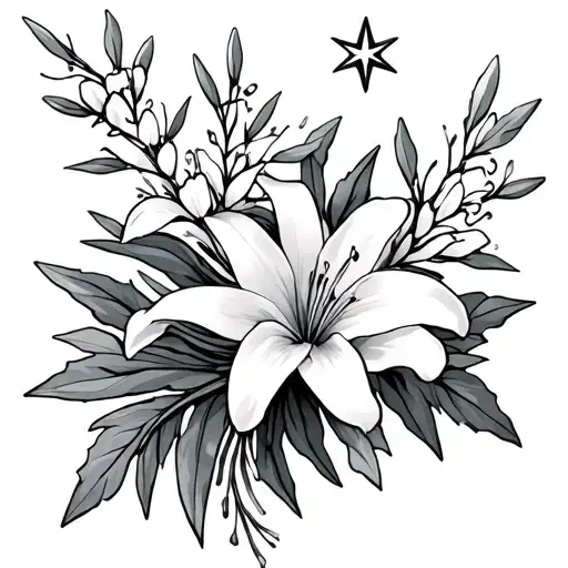 Juniper Twigs And Lily Flowers In A Bundle With Stars