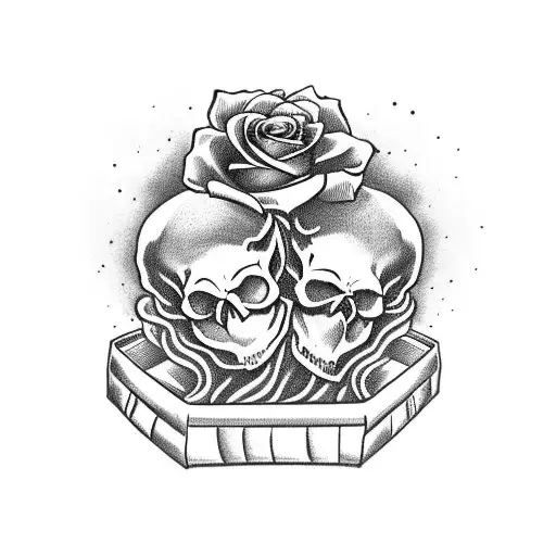 Skull Couple Inside Of Coffin With Roses Around And Says Til Death Do Us Part