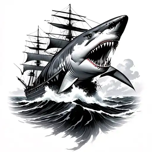 Shark And Ship Sailing Through Stormy