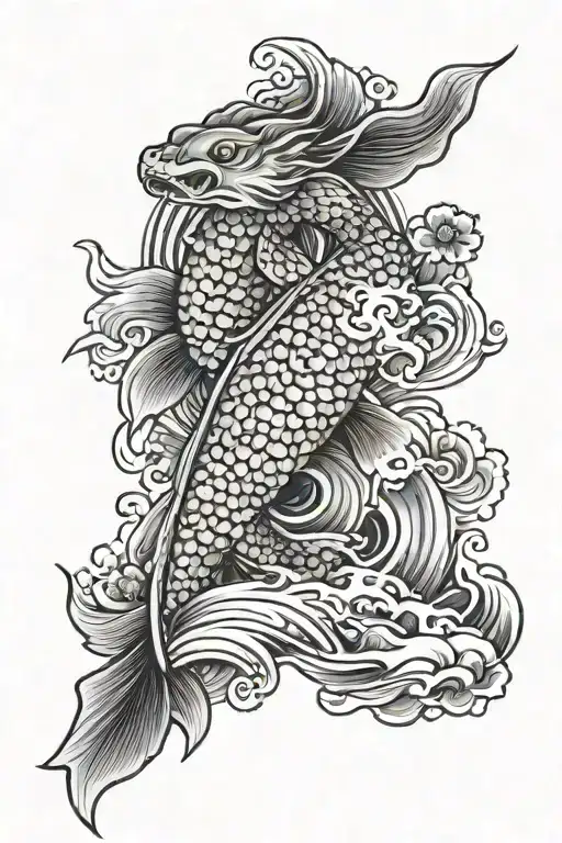 Koi Fish Waves Cherry Blossom Samurai Sun Japan Style